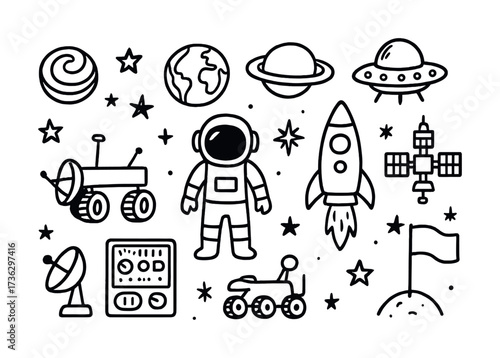 Space exploration icons: astronaut, rocket, planets, ufo, satellite, stars