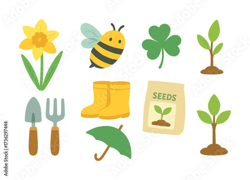 Spring gardening essentials: tools, plants, and nature icons for outdoor activities