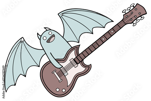 Cartoon ghost bat playing electric guitar