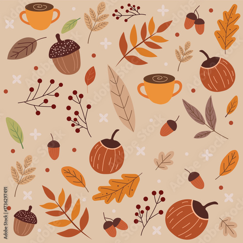 Autumn seamless pattern with leaves, pumpkin, berries, acorns and coffee. Cozy seasonal design for fall decoration, fabric, wrapping paper, greeting cards and home decor. Vector illustration