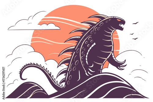 Giant monster emerging from the sea during sunset