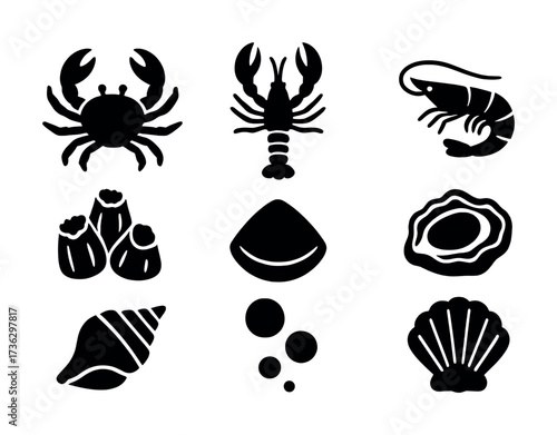 Silhouette icons of crustaceans, shellfish, and marine life