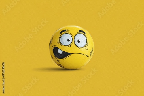 Whimsical Yellow Emoji Ball with Wide, Goofy Eyes and Uneven Teeth on Solid Yellow Background.
