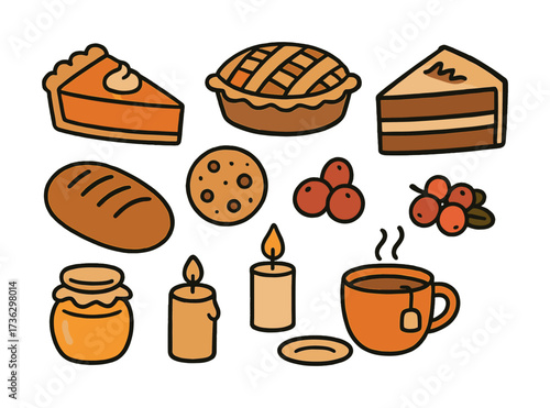 Assorted autumn treats and warm beverages with candles and delights