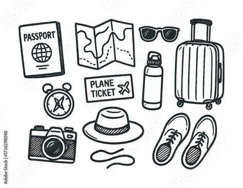 Travel essentials: passport, map, luggage, camera, and plane ticket illustration