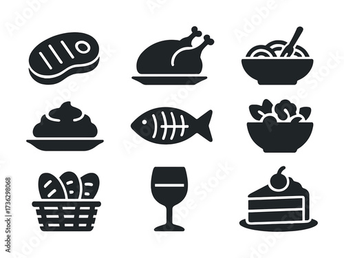 Food icons: steak, roast chicken, spaghetti, mashed potatoes, fish, salad, bread, wine, cake