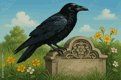 Detailed illustration of a raven perched on a gravestone surrounded by flowers and greenery
