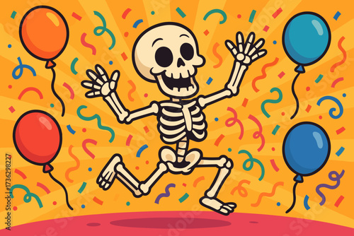 Cheerful skeleton dancing with colorful balloons in a lively party atmosphere