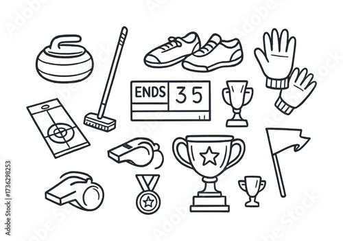 Curling equipment and sport icons: shoes, broom, gloves, whistle, trophy