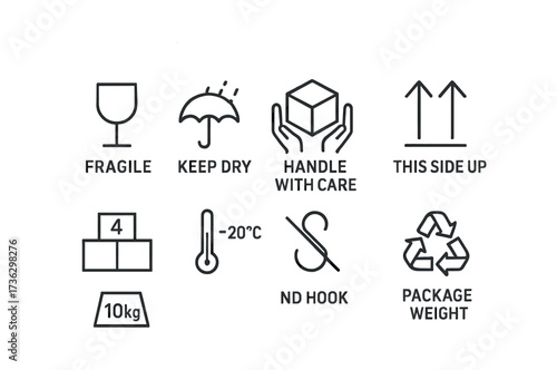 Fragile and handling icons: care instructions for packages and temperature guidelines