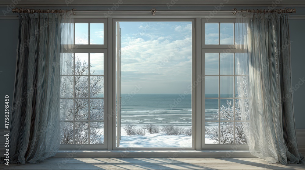 Fototapeta premium Winter Window View - Snowy Landscape, Ocean, and Soft Light.