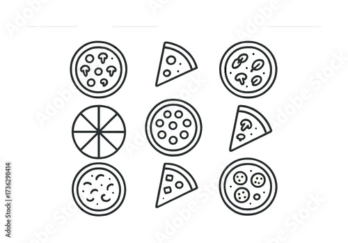 Variety of pizza toppings and slices in minimalistic line art design