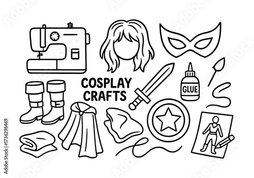 Cosplay crafting essentials with sewing machine, costume elements, and tools