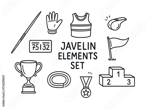 Javelin elements set: trophy, whistle, medal, podium, track, number, glove, shirt, flag