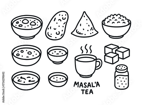 Black and white outline of indian snacks and masala tea with samosa and curry