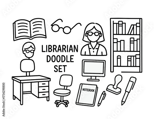 Librarian doodle set with desk, bookshelf, computer, and office supplies in black and white illustration