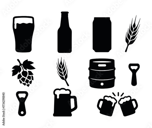 Beer and brewing icons: glass, bottle, can, hops, barley, keg, opener