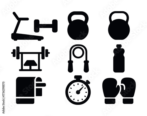 Set of fitness icons including treadmill weights jump rope stopwatch and boxing gloves