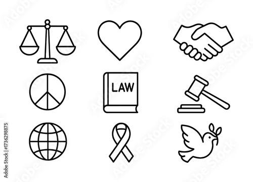 Justice and peace icons: scale, heart, handshake, law book, gavel, peace, globe, ribbon, dove