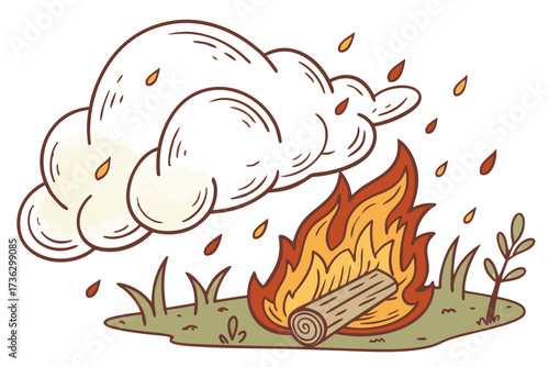Campfire with smoke and falling leaves in autumn