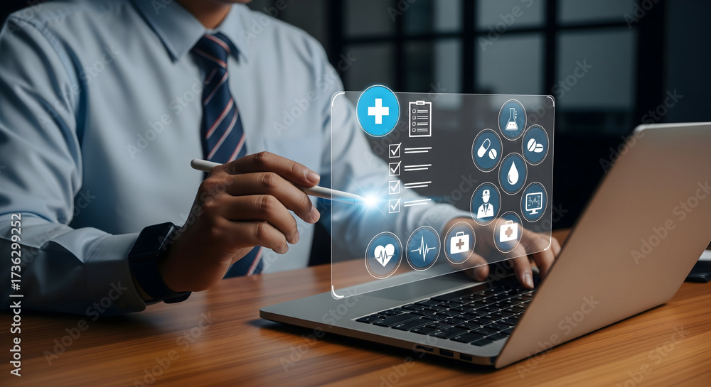 Fototapeta premium Professional using digital health application for patient care on laptop