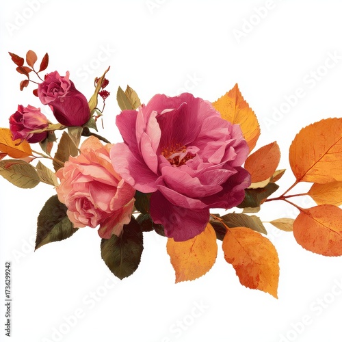 Vibrant Autumn Floral Arrangement with Deep Pink and Peach Roses and Orange Leaves.