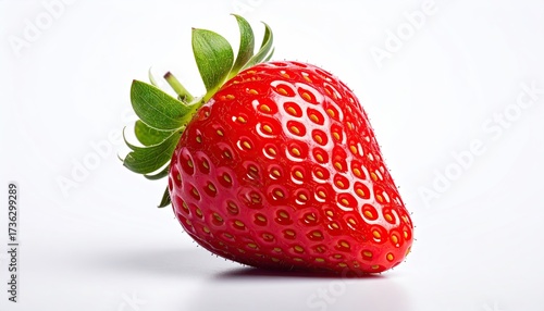 Fresh Red Strawberry Isolated on White Background with Seeds and Green Stem in Bright Studio Lighting