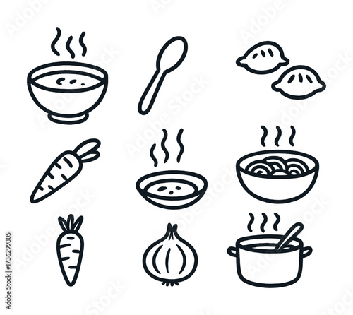 Soup and dumpling icons: carrot, onion, spoon, bowls, pot