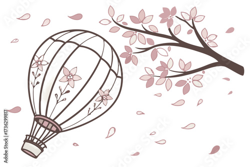 Hot air balloon with floral design, near a cherry blossom branch