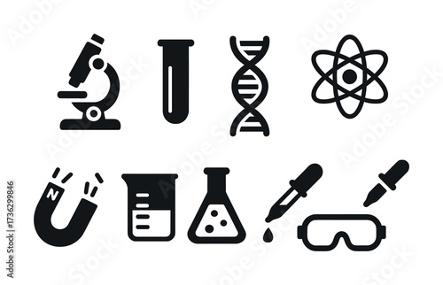 Science icons collection: microscope, test tube, dna, atom, magnet, beaker, flask, pipette, goggles