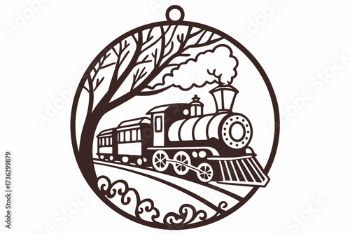 Vintage steam train in a circular frame with trees and landscape