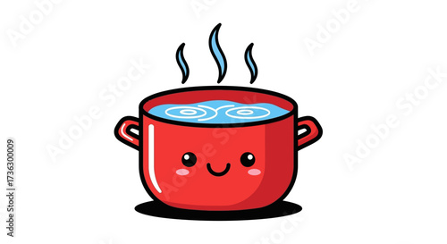 Adorable cartoon illustration of a happy pot cooking water with a cheerful expression