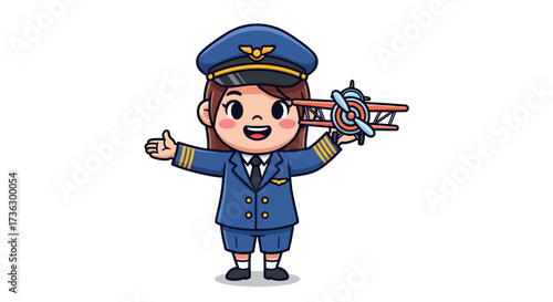 Adorable cartoon pilot girl proudly displaying her wooden biplane toy with joyful expression