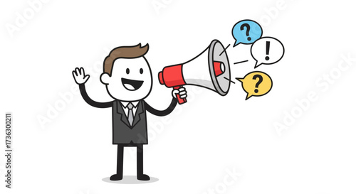 Animated businessman with megaphone delivering important news and announcements widely in public