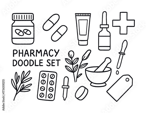 Hand-drawn pharmacy doodle set with medical icons and leaves