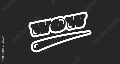 WOW interjection retro black outline social media phrase. Shoutout reaction. Exclamation shout. Excitement. Rounded bubble letters with swoosh. Vintage sports, varsity typography. Oi font used