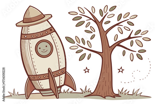 Cute cartoon rocket ship with a smiling face next to a tree