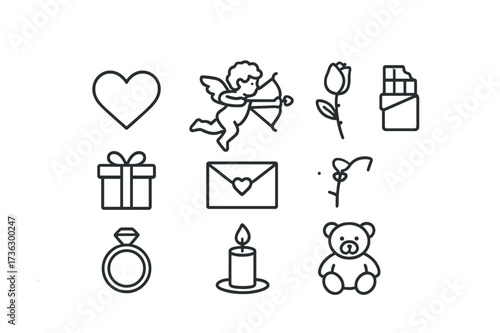 Valentine's day icons: heart, cupid, rose, gift, teddy bear, and more