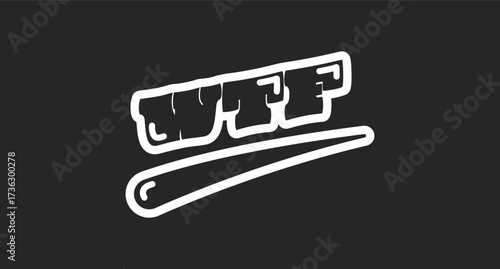 WTF abbreviation retro black outline social media phrase. What the lingo. Rude expression of disbelief, anger. Rounded bubble letters with swoosh. Vintage sports, varsity typography. Oi font used