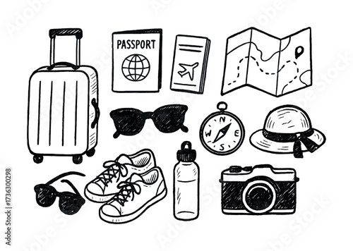 Hand-drawn travel essentials with suitcase, passport, map, and camera