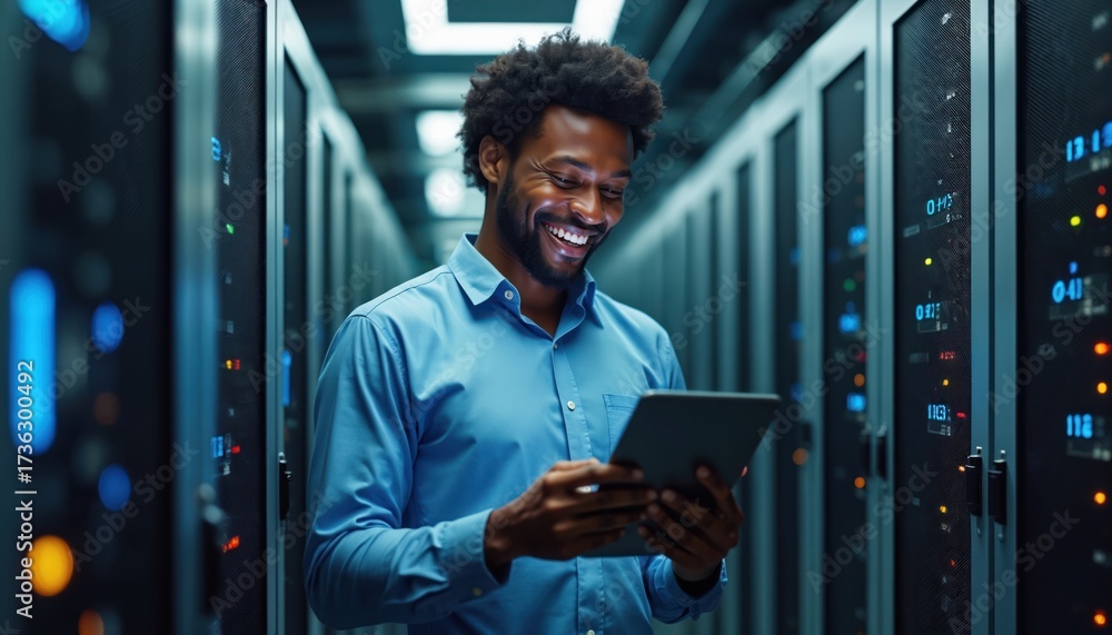 © miss irine - African American engineer uses tablet in server room. Modern data center with information storage, digital network. Man works with wireless mobile tech in electronic science, global business © miss irine - African American engineer uses tablet in server room. Modern data center with information storage, digital network. Man works with wireless mobile tech in electronic science, global business