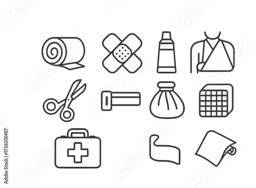 Essential first aid icons: bandage, scissors, sling, kit, ice pack, tape, gauze
