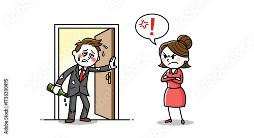Cartoon depiction of a drunken businessman facing his angry wife after returning home