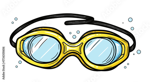 Cartoon illustration of yellow swimming goggles with water bubbles on a white backdrop