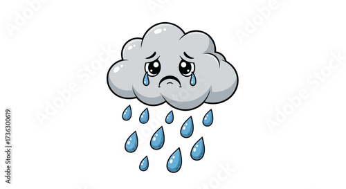 Cartoon illustration of a sad cloud shedding tears in the form of raindrops illustration