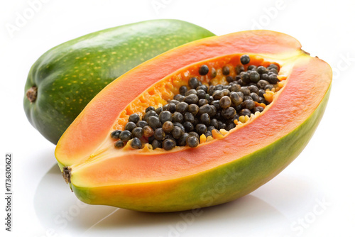 Papaya: A vivid photo reveals the exotic allure of papaya, with one whole and the other sliced, displaying the seeds, tempting the viewers with its vibrant hues and natural freshness.