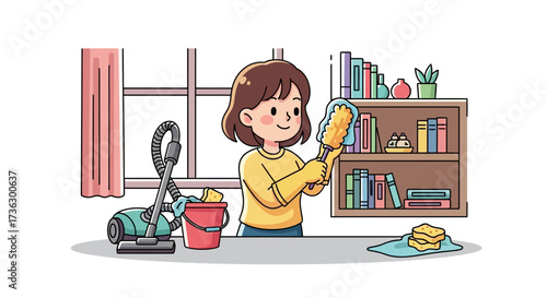 Cartoon illustration of a woman cleaning her house with various cleaning supplies and equipment