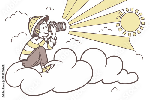 Boy with camera sitting on cloud, looking at sun