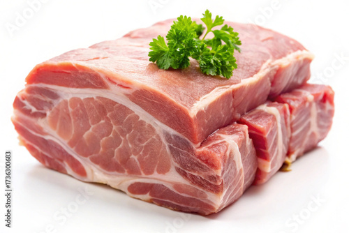 Fresh Raw Pork Loin with Greenery: A close-up shot of a fresh raw pork loin, with a sprig of greenery adding a touch of freshness and visual appeal, emphasizing quality and culinary potential.