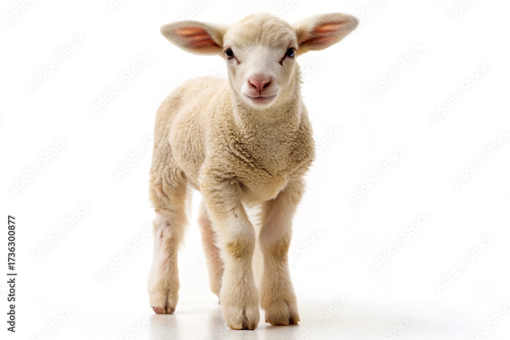 Fototapeta premium Adorable Lamb's Gentle Stance: A fluffy lamb, with its endearing gaze, stands in a portrait, showcasing its soft wool and innocent charm.